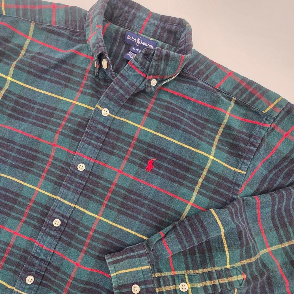 VINTAGE 90S RALPH LAUREN PLAID BUTTON DOWN BOYS XL GREEN RED PREPPY PONY HOLIDAY